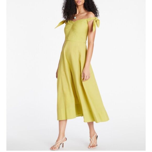 Tanya Taylor Ashland Cotton Off-Shoulder Midi Dress in Lime - Size 6 - Picture 1 of 7